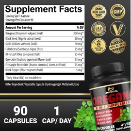 BMVINVOL Oregano Supplement | Black Seed, Garlic, Elderberry, Olive Leaf, Quercetin, Bromelain, Black Pepper - 8in1 Immune & Digestive Support 90 Capsules [3-Month Supply]