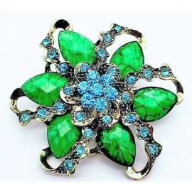 Unbranded Impressive BOLD Green SWIRL 3D Flower Blue Rhinestone Christmas Gift Brooch