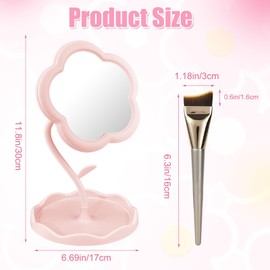 Pink Flower Mirror for Desk - Adjustable Desk Mirror Office Cubicle with Jewelry Tray & Foundation Brush, Cute Makeup Mirror with Standing, Home Decor for Bedroom Living Room Dormitory (Pink)