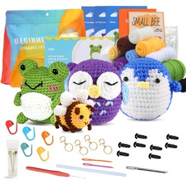 𝐂hristabelle 𝐕erina Crochet Kit for Beginners (Pack of 4) Crochet Animals: Frog, Penguin, Owl, Bee - Amigurumi Crochet Kit for Adults, Kids with Step-by-Step Video Tutorials and Yarns, Accessories