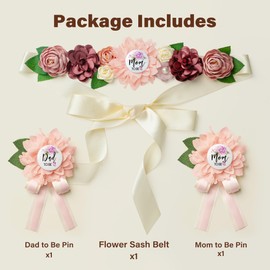 Pink Pregnancy Belly Band Floral Maternity Sash Belt for Baby Shower with Daddy to Be Pin, Gender Reveal Decorations for Mommy, Soft Chiffon Flower Corsage Set Party Favors