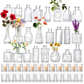 Yerliker 48 Pcs Glass Bud Vase Glass Candlestick Holders Set Including 24 Pcs Vintage Clear Glass Vases Bulk and 24 Pcs Clear Votive Tealight Candle Holders for Wedding Party, Table Centerpiece Decor