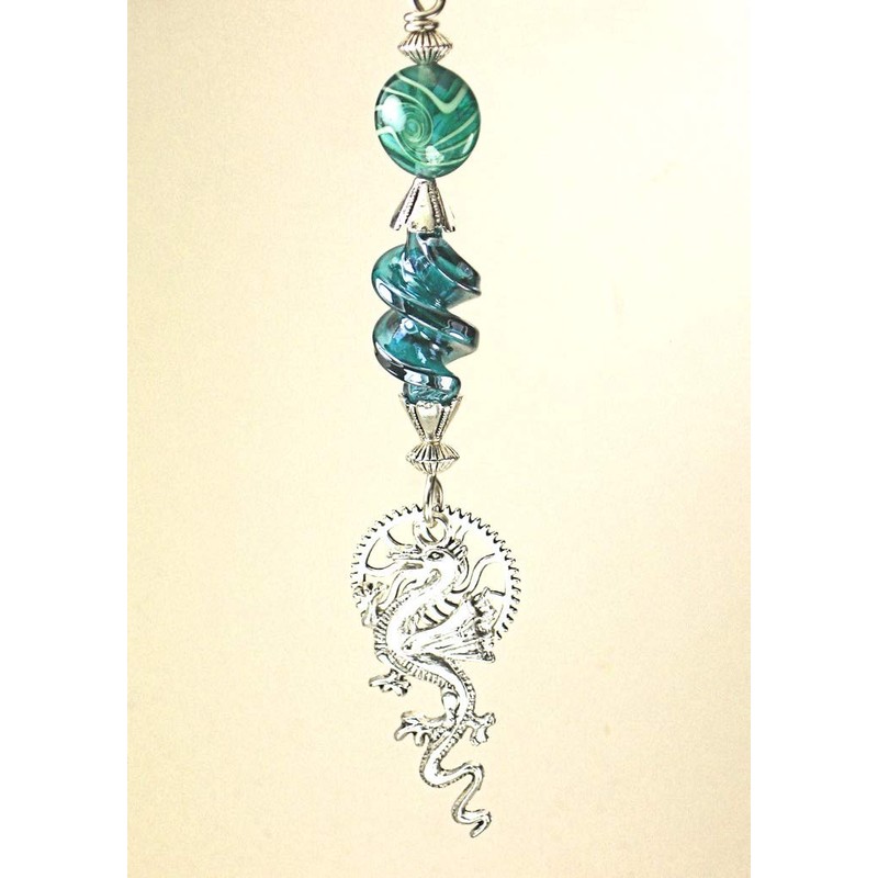 Glass Teal Green-Blue Silver Dragon Ceiling Fan Pull / Light