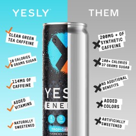 Yesly Energy Drink, Tropical Punch, Naturally Flavored Sparkling Energy Drink With Electrolytes, Magnesium, Potassium, Vitamin C, B6 & B12, Natural Caffeine From Green Tea, 12 Fl Oz Cans, 12 Pack
