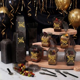 Yungyan 150 Pcs 50th Birthday Dessert Cups 5 oz Cheers to 50 Years Decoration Black Plastic Dessert Cups with Lids Spoon 50th Birthday Party Favors for Women Men Wedding Anniversary Party Supplies