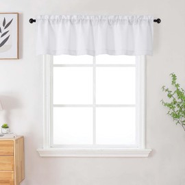 WelvetBLK White Valances for Windows 2 Panels, Soft Solid Airy Faux Linen Textured Kitchen Valance Curtains for Bathroom Basement Cafe Small Windows, White, 2 Pcs Each 30Wx14L Inch