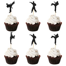 Helewilk 24pcs Karate Taekwondo Cupcake Toppers, Kung Fu Theme Baby Shower Party Supplies, Boxing Sport Theme Cupcake Decor, Man Kids Birthday Party Decoration - Black Glitter