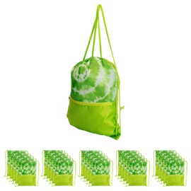 Closeout Services Corp. Wholesale Bulk Lot of 30 Vibrant Tie-Dyed Polyester Cinch Sack Backpacks, Open Cargo Design with Durable Rope Straps for Gym, Travel, and Events - Lime Green