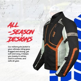 HWK Scorpion Motorcycle Jacket for Men & Women, Motor Bike Jacket and Motorcycle Gear with Body Armor Foam Padding & Breathable Cordura Fabric, Reflective Jacket for Night Visibility - Orange, X-Large