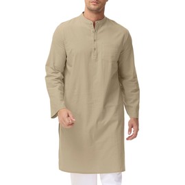 LVCBL Caftan Mens Islamic Vintage Side Split Kaftan Thobe for Men Button up Cotton and Linen Robe Khaki 2XL