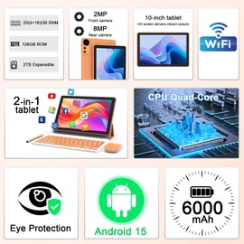 CUPEISI Android 15 Tablet 10 Inch, 20GB RAM+128GB ROM/2TB Expandable, 2.0GHz Quad-core Processor, 1280*800 HD Screen, 5G WiFi6 BT5.0, 2 in 1 Tablets with Keyboard Case Mouse Stylus, Widevine L1 Orange