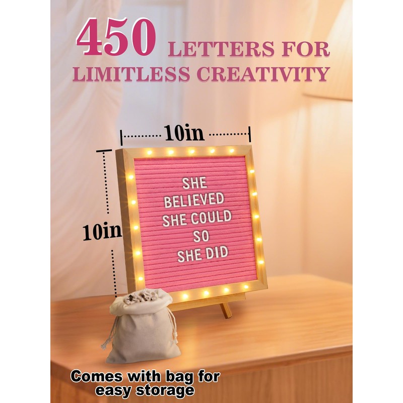 Changeable Felt Letter Board with LED Lights - 10×10" Message