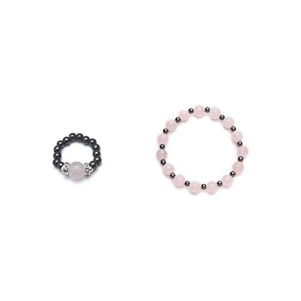Rose Quartz and Black Magnetic Stretch Ring and Bracelet (Large)