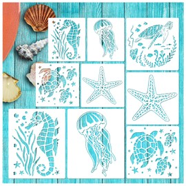Ocean Stencils for Painting On Wood Turtle Seahorse Starfish Jellyfish Templates for Art Crafts Plastic Reusable Wood Burning Stencils for Wall Canvas (Sea)