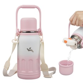 Insulated Water Bottle with Handle and Strap,Vacuum Travel Tumbler with Cup Lid,Thermo Coffee Cup for Hot Cold Drinks 27 OZ,Pink Pearl