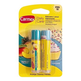 Carmex, Duopack Bálsamo Labial Daily Care Tropicolada + Daily Care Cupcake, Protege y Suaviza, Resiste al Agua, con Protección Solar FPS 15, 2 pz