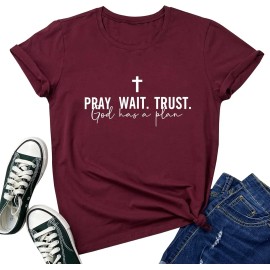 Women Pray Wait Trust Soft Sleeveless Crew Neck Cute Graphic T-ShirtsColor: Wine red, Size: 2 XL