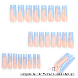 DOCVOEOMH Long Press on Nails Square French Blue Acrylic Fake Nails with 3D Wave Lines Design Glue on Glossy Full Cover Artificial Gel False Stick on Nail for Girls Women Wedding 24Pcs