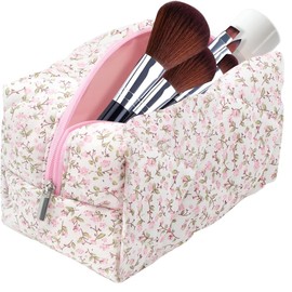 Cotton Quilted Makeup Bag, Cute Pouch Toiletry Bag Cosmetic Bag Quilted Floral Organizer Bag Travel Coquette Aesthetic Portable Storage Zipper Purse for Women (Pink, Cute)
