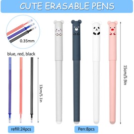Erasable Pens, 8pcs Rub Out Pens with 24pcs Refills, 0.35mm Erasable Gel Pens, Cartoon Erasable Rollerball Pen Set for Students Adults Stationery School Office Supplies (Black, Blue, Red)…