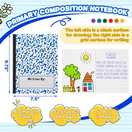 Henoyso 12 Pieces Primary Composition Notebook K-2 Primary Journal 9 3/4 x 7 1/2 Inch Blank Books for Kids to Write Stories 64 Page Writing Drawing Journal for Kids School Supplies