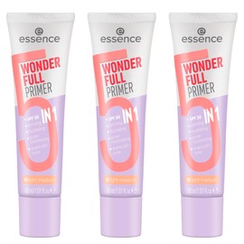 Essence Wonder Full Primer 5-in-1, No. 10, Nude, Moisturising, Mattifying, Nourishing, Matte, Vegan, Oil-Free, UVA and UVB Filter + SPF 30, Paraben-Free, Pack of 3 (3 x 30 ml)