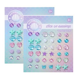 Mermaid Shell Stick on Earrings 3D Self-Adhesive Pearl, Butterfly, Stars, Moon Sticker Earrings, Stick on Earrings for Little Girls 4-6, Kids Girl Face Eye Crystal Gem Stickers (2 Sheet Sets)