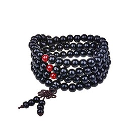 Pingyongchang 1-5 Pcs Unisex 108 Natural Sandalwood Beads Prayer Bracelets 8MM Wood Beads Stackable Bracelet Wooden Necklace Meditation Buddhist Rosary Mala Necklaces for Women Men-Black
