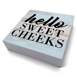 Funny Bathroom Sign Bathroom Decor Desk Decor Wooden Box Sign Rustic Wood Block Plaque Box Sign for Home Farmhouse Office Restroom Toilet Washroom Shelf Table Decoration Hello Sweet Cheeks Sign