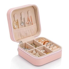 Genérico Reise-Schmuckkästchen für Damen, elegant und tragbar, Organizer für Schmuck, Ringe, Armbänder, Ohrringe, kompaktes und langlebiges Design, wasserdichtes Leder (Rosa), 10 x 10 x 5 cm