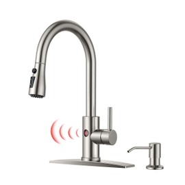 FORIOUS Touchless Kitchen Faucet with Soap Dispenser, Brushed Nickel, Hands-Free, Smart Motion Sensor Contemporary Sink Faucet with Pull Down Sprayer for Farmhouse RV Bar Camper