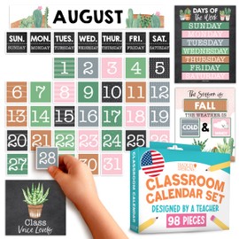Hadley Designs Classroom Calendar Set Bulletin Board Decor – School Calendar For Classroom Elementary & Preschool, Bulletin Board Decorations With Weather Chart & Seasons, Cactus Teacher Must Haves