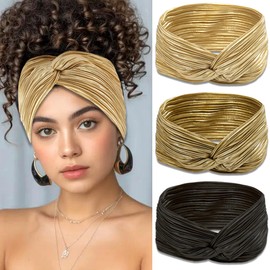 ZUYASEZ 3 Pcs Gold Headbands for Women Twist Wrinkle Head Bands Valentine's Day Non Slip Short Turban Headbands Sport Workout Hair Wraps Accessories for Thin Thick Hair