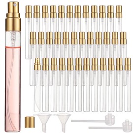 50 Pcs 10 ml Perfume Bottles - Refillable Glass Mini Spray Bottles, Portable Travel Sample Containers, Fine Mist Atomizers with Caps, Includes 2 Funnels and 2 Dispensers, Ideal for Liquids