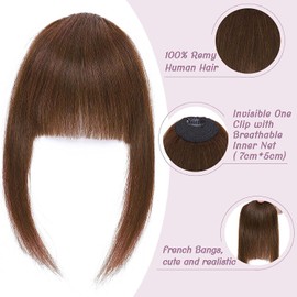 S-noilite Clip in Bangs - Real Human Hair French Bangs Hair Clip on Curved Bangs Fringe with Temples Hairpieces for Women 14g (#4 Medium Brown)