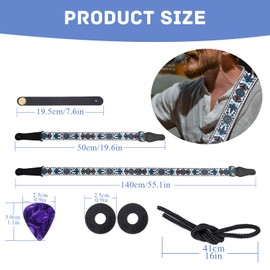 Guitar Picks, Guitar Strap, Guitar Plectrums Cotton Vintage Embroidered Guitar Straps with Genuine Leather Ends Free Strap Button Strap Locks Guitar Picks for Bass, Acoustic, Electric Guitar (Set D)