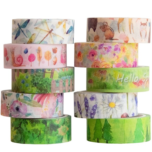YUBBAEX 10 Rolls Four Seasons Masking Tape Set Plant & Flower Washi Tape for Arts DIY Crafts, Bullet Journal Supplies, Planners, Scrapbooking, Cards, Gift Wrapping (Spring Growth)