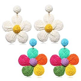 NLCAC 2 Pairs Rattan Earrings Summer Boho Handwoven Rattan Flower Drop Earrings Statement Tropical Beach Jewelry Colorful Beige