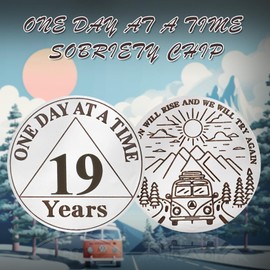 IELCJJ 19 Year Sobriety Coin - One Day at A Time Sobriety Token - Triplate AA Cions and Medallions - Alcoholics Anonymous Recovery Gifts for Men Women Sober Chip with PU Leather Keychain