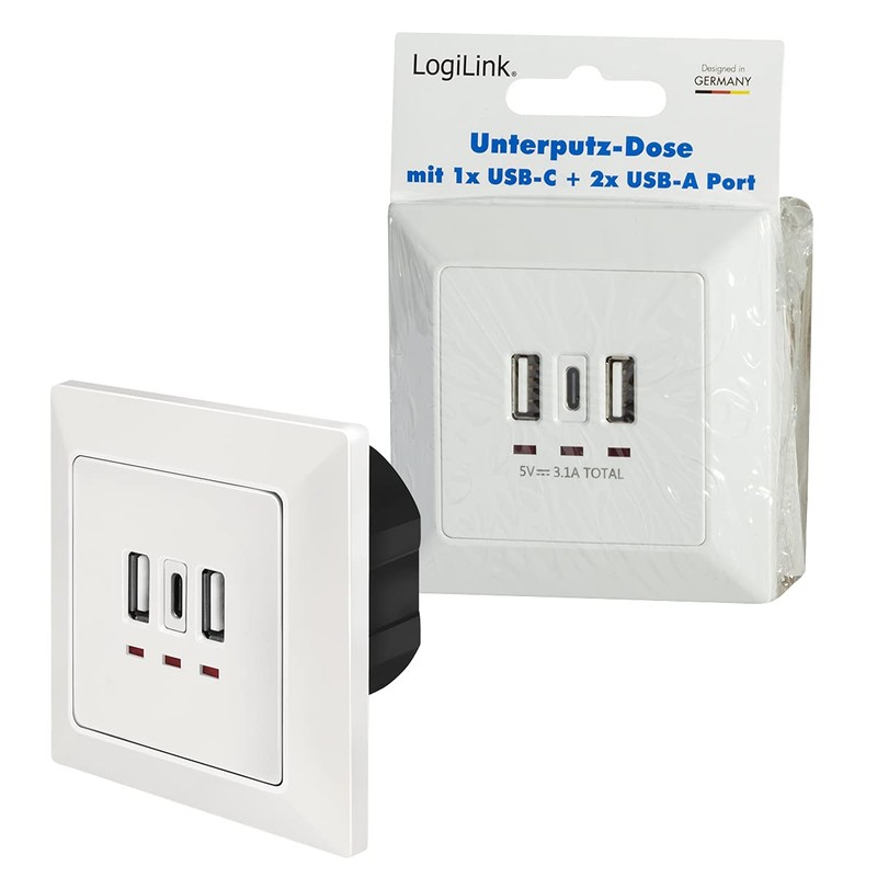LogiLink PA0254 Flush-Mounted Socket with 2 x USB-A and 1