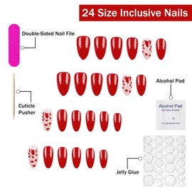 Valentines Press on Nails Medium Almond SWEKKE Red Fake Nails False Nails with Designs Red Heart Glitter Glossy Glue on Nails Valentine's Day Stick on Nails for Women Girls 24 Pcs
