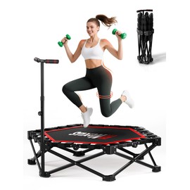 FitNexus 42" Foldable Mini Trampoline- 450lb Capacity Fitness Rebounder w/3-Level Adjustable T-Bar, Adults Workout Trampoline, Non-Slip Pad | Foldable Design for Home/Gym (Black Red)