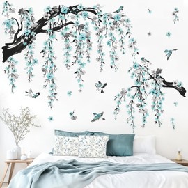 wondever Wall Sticker Tree Branch Blossoms Large Wall Sticker Hanging Flowers Blue Wall Sticker Wall Decoration for Living Room Bedroom Sofa Background