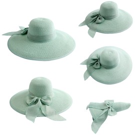 Lanzom Womens 5.5 Inches Big Bowknot Straw Hat Large Floppy Foldable Roll up Beach Cap Sun Hat UPF 50+ Fit Size 6 8/7-7 1/4(Green)