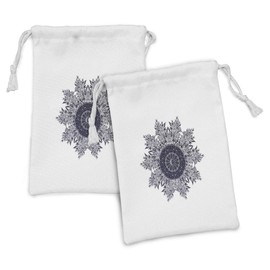 Ambesonne Galaxy Mandala Fabric Pouch Set of 2, Space Themed Moon and Star Composition Ornate in Lily Flowers, Small Drawstring Bag for Toiletries Masks and Favors, 9" x 6", Pale Blue Night Blue