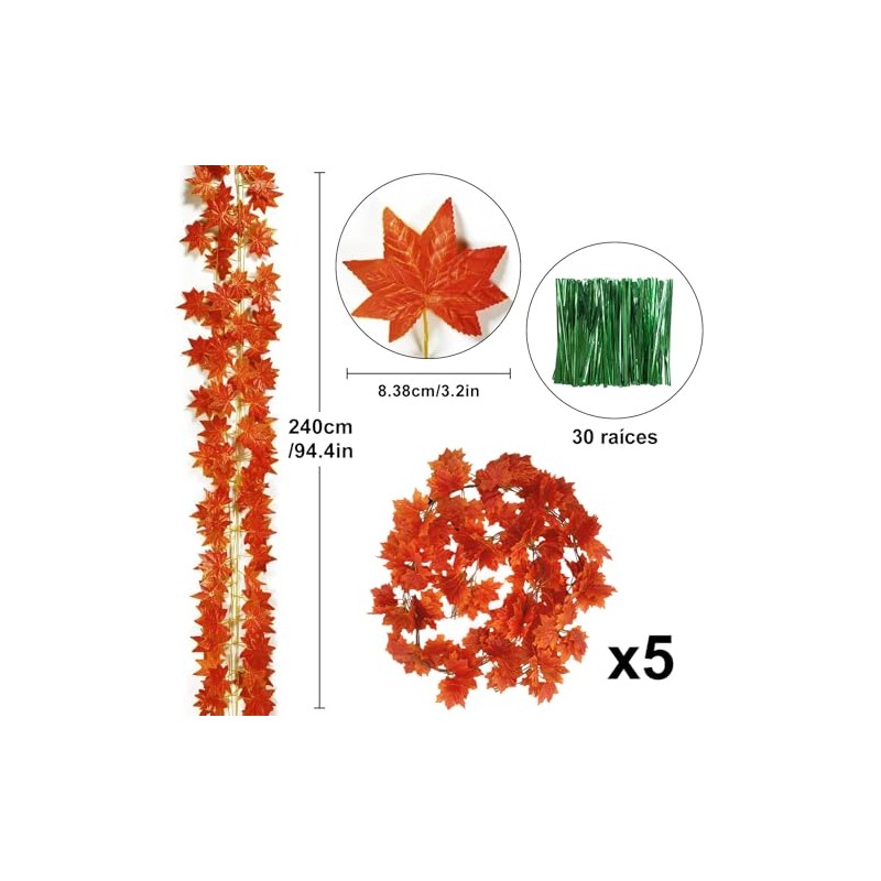 5Pcs Guirnalda de Hojas de Arce para Otoño，Decoración Halloween,7.4M largo