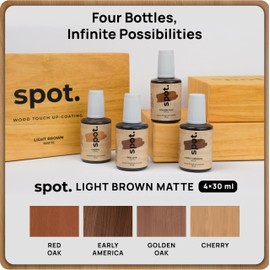Light Brown Wood Stain Repair Kit, Brush-On Touch-Up Stain Bottles, Golden Oak, Early America, Cherry, Red Oak, Interior and Exterior Wood, 4 fl oz Total by spot.