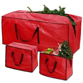 RICHIE Christmas Tree Storage Bag 7.5 ft (3pc Set), Fits Up to 7 Foot Artificial Trees, Plastic Water Resist Xmas Tree Bag, Reinforced Handles&Zippered&Durable, Holiday Decoration Storage Bags, Red