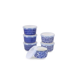 Selamica 6 oz Ramekins with Lids Oven Safe, Creme Brulee Ramekins Souffle Dishes with Covers, Pudding Custard Cups Stackable Ceramic Mini Ramekin Bowls Set for Baking, Dipping, Set of 6, Vintage Blue
