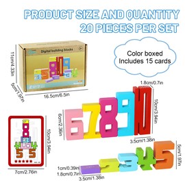 PJHAJH 20Pcs Wooden Number Building Blocks, Number Blocks Toys for Kids, Wooden Stacking Building Blocks with 15 Cards, for Learning Games, Promote Parentechild